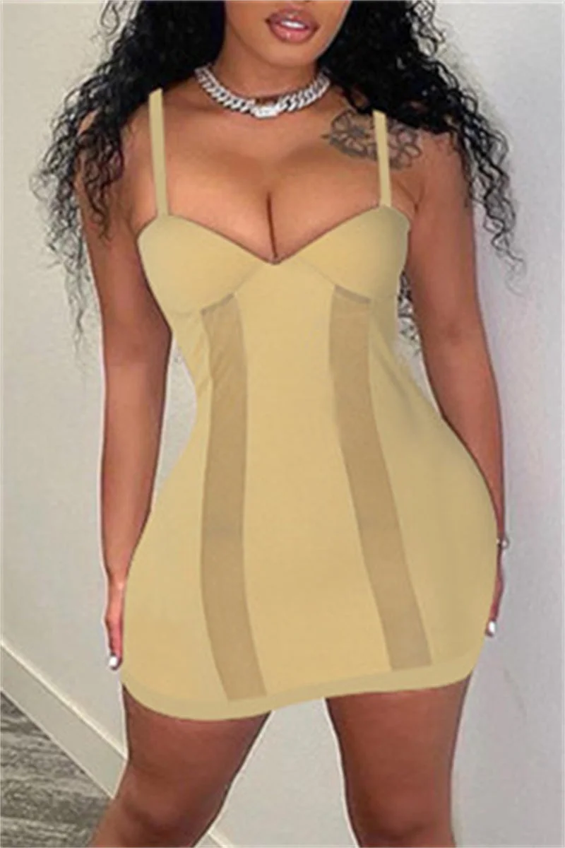 Fashion Sexy Solid Split Joint See Through V Neck Sling Dress