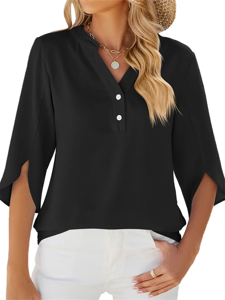 Summer New Solid Color V-neck Mid-sleeve Chiffon Blouse Ladies Chiffon Shirt Solid Color Blouse-JRSEE
