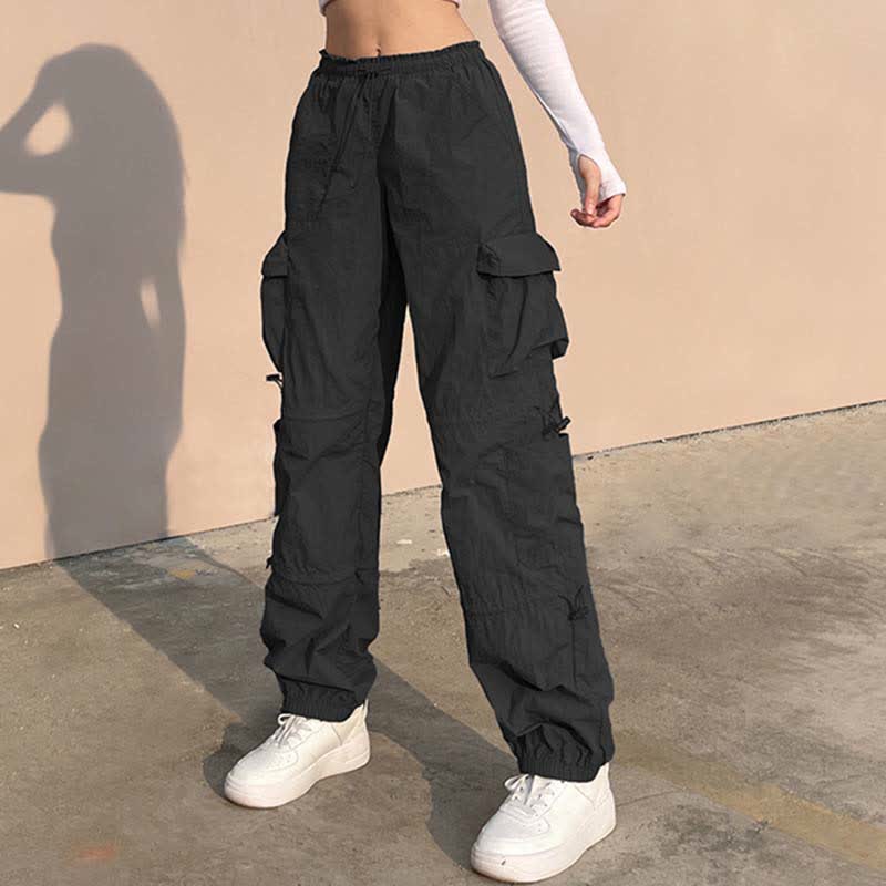 Casual Multi Pocket Lace Up Pure Color Cargo Pants