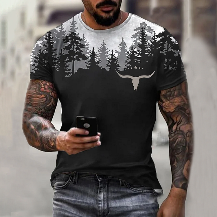 BrosWear Men'S Forest Bull Head Patchwork Print Short Sleeve T-Shirt