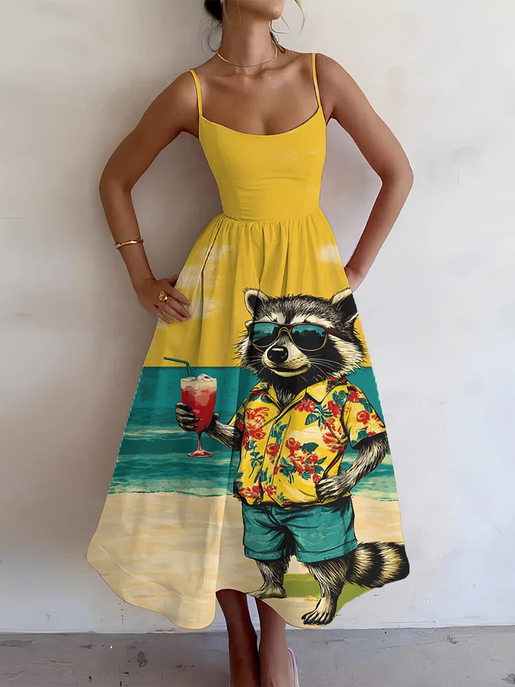 Women'S Retro Little Raccoon Drinking On Vacation Print Cami Midi Dress