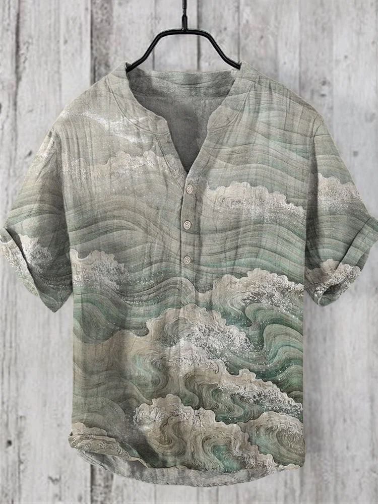 Comstylish Ocean Waves Vintage Print Linen V-Neck Shirt