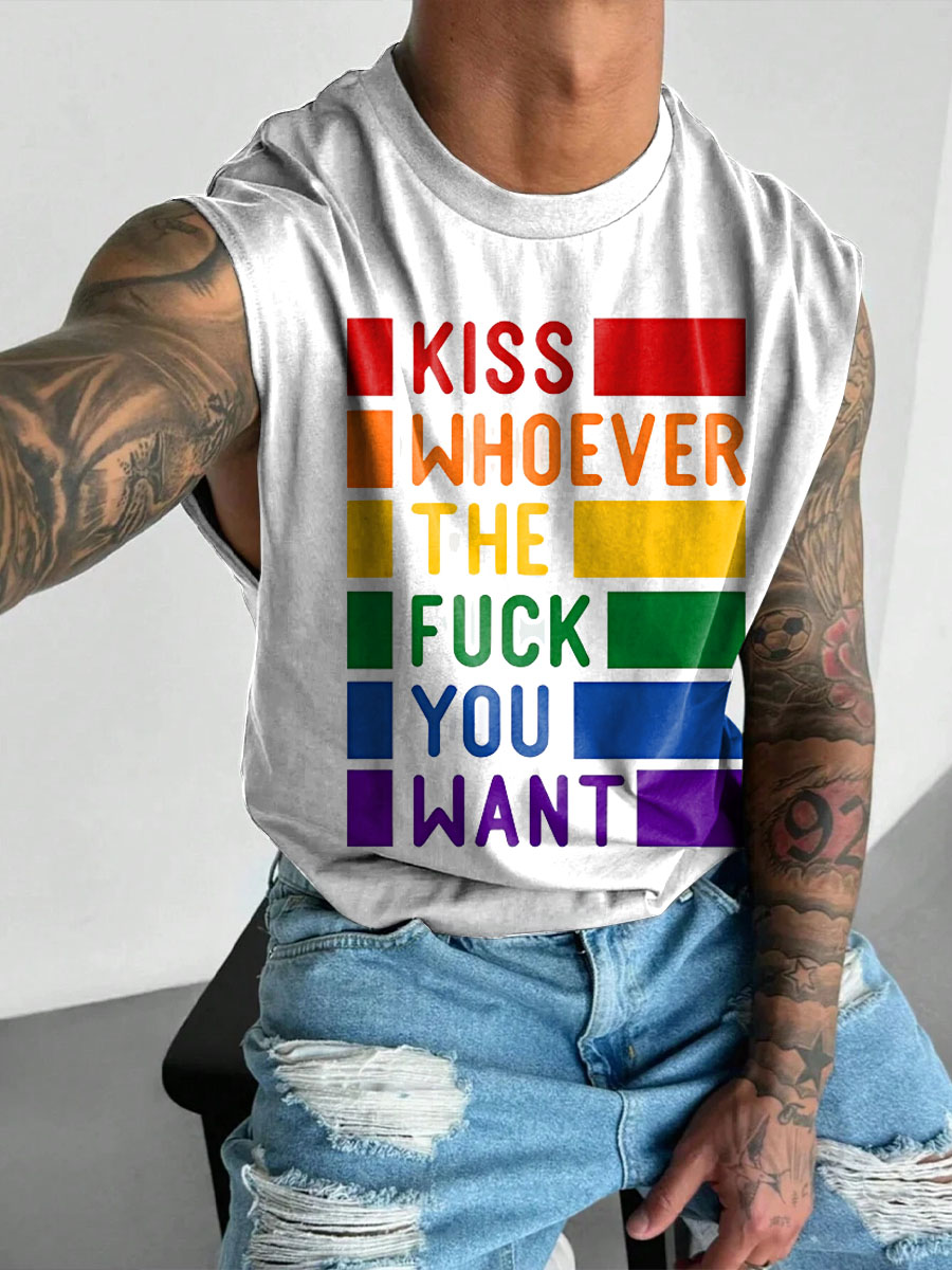 Kiss Whoever The Fuck You Rainbow Men S Gay LGBTQ Print Wide Shoulder Vest