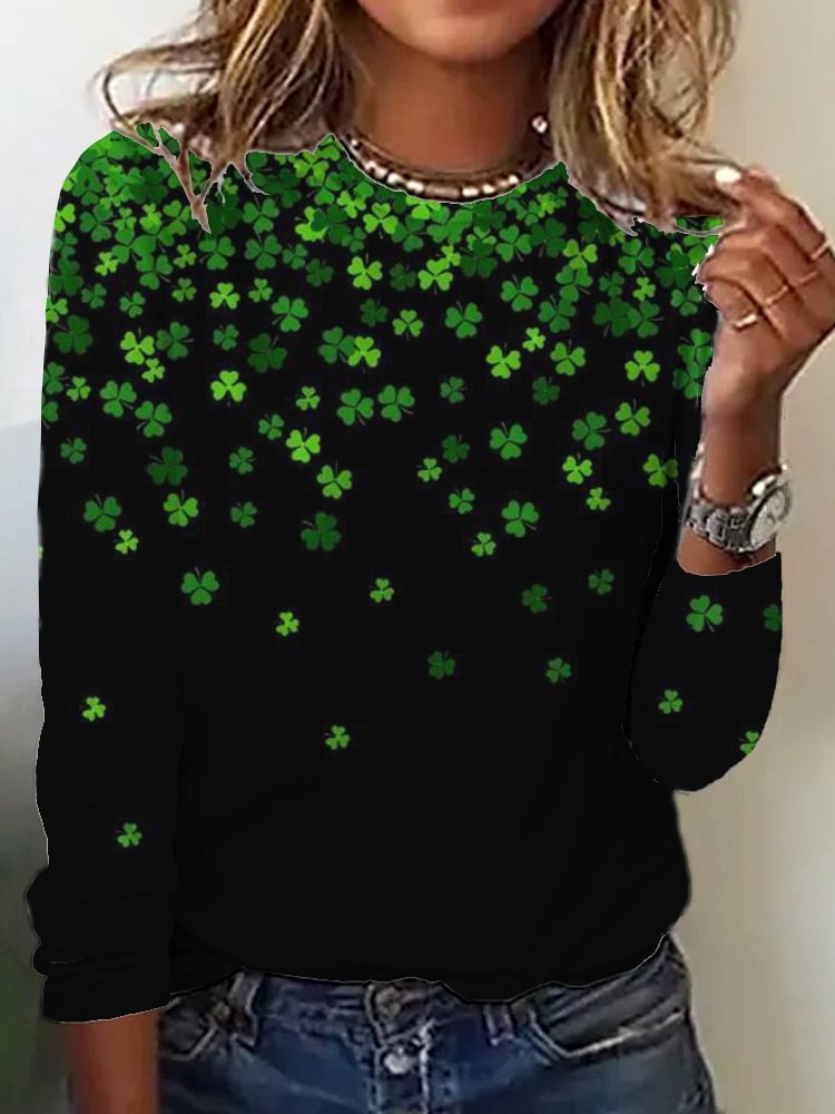 Comstylish St. Patrick's Day Shamrock Print Long Sleeve T Shirt