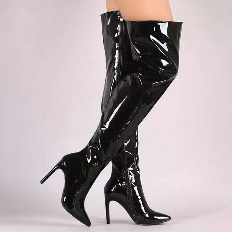 Pointed Toe Mirror Patent Leather Over The Knee Boots-Black