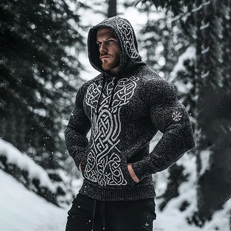 Men's Viking Tribal Wolf Jacquard Celtic Inspired Chunky Knit Hooded Sweater