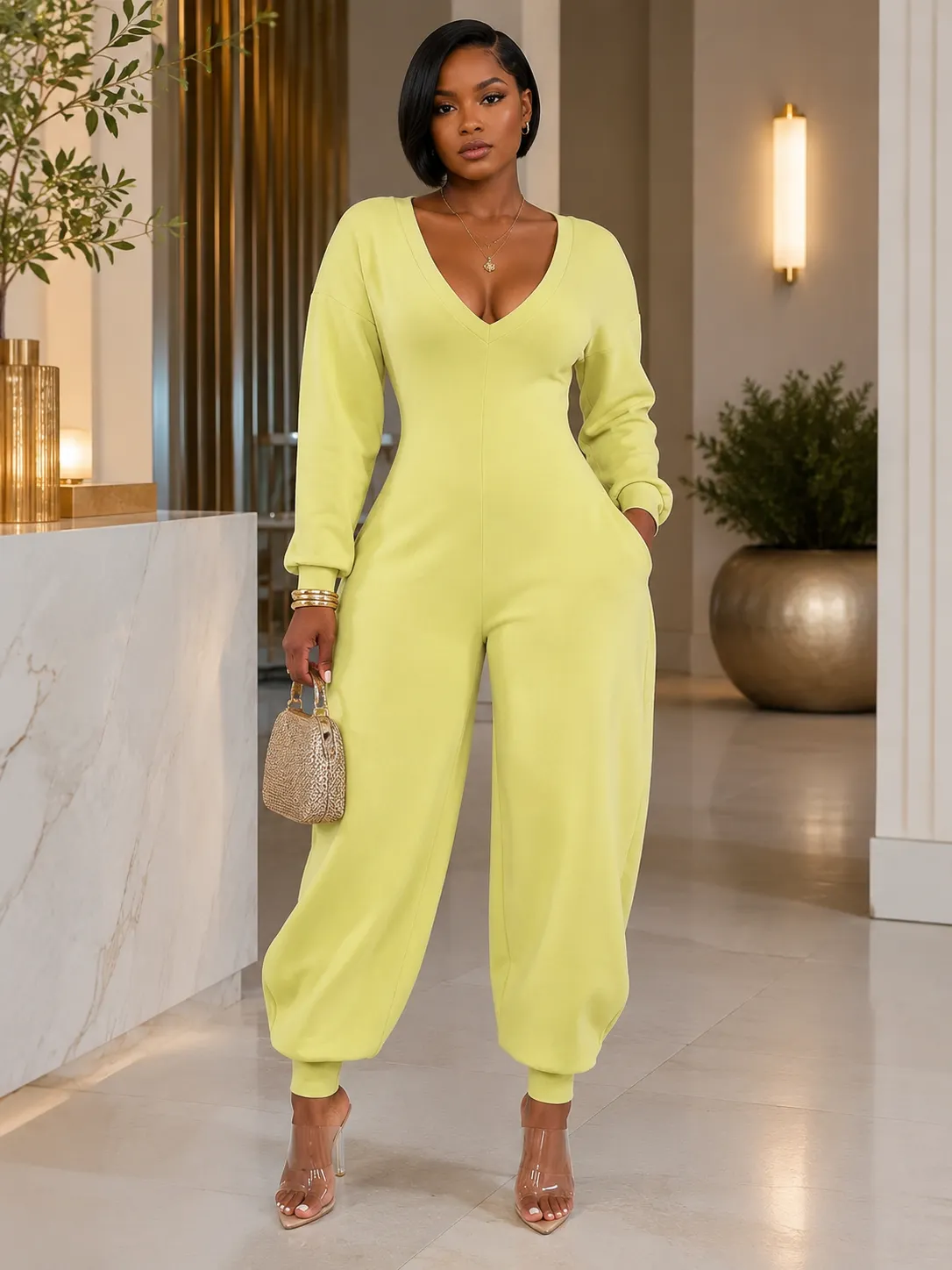 Solid Color V Neck Long Sleeve Vacation Tapered Jumpsuit