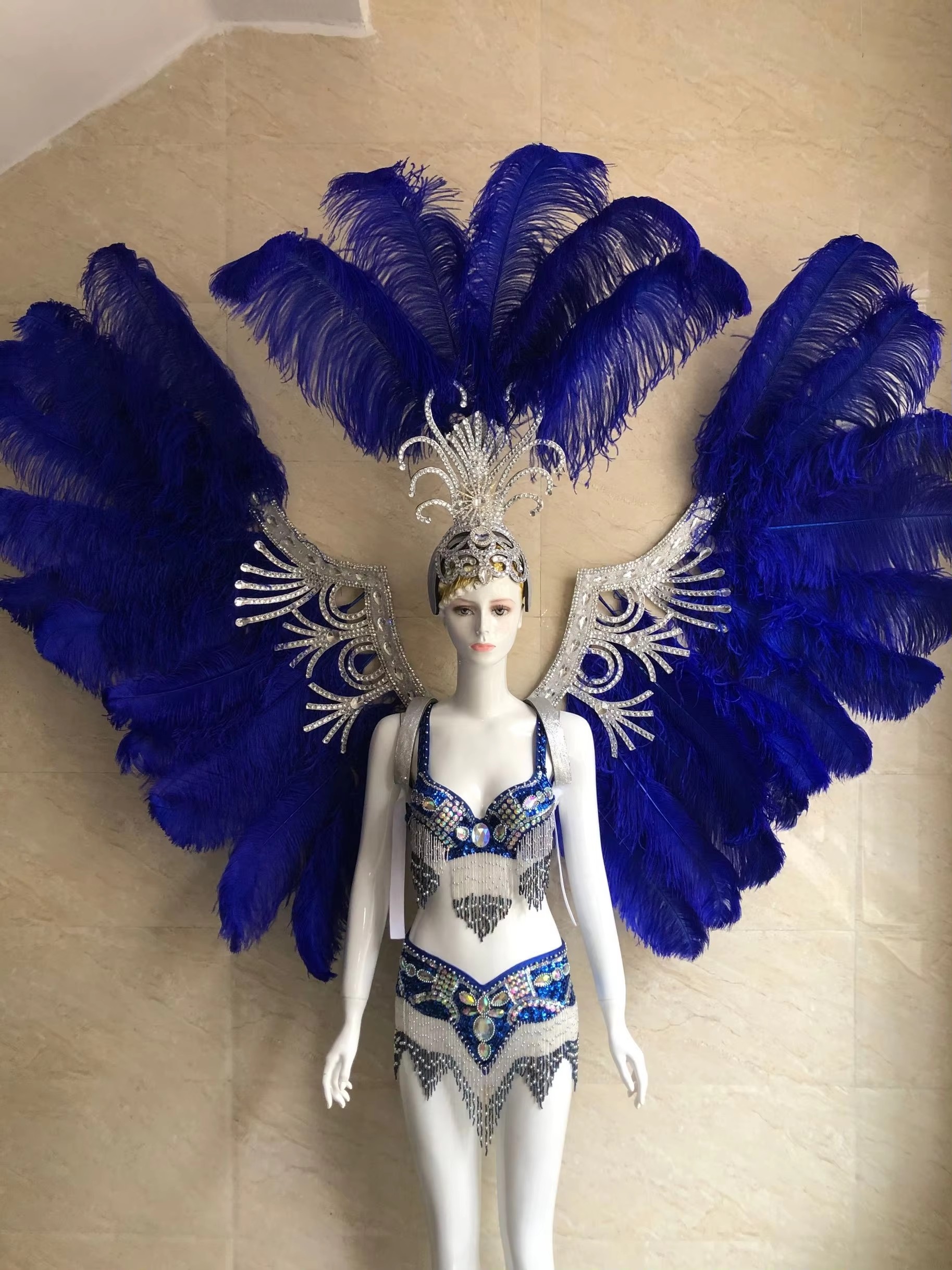 VCSHOES Feather headdress samba costume carnival halloween party bar performance hat makeup dance wings parade royal blue