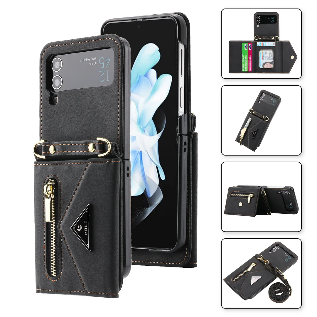 Vintage Triangle Crossbody Geometric Zipper Credit Cards Slot Shockproof Leather Phone Case With Lanyard For Galaxy Z Flip3/Z Flip4/Z Flip5