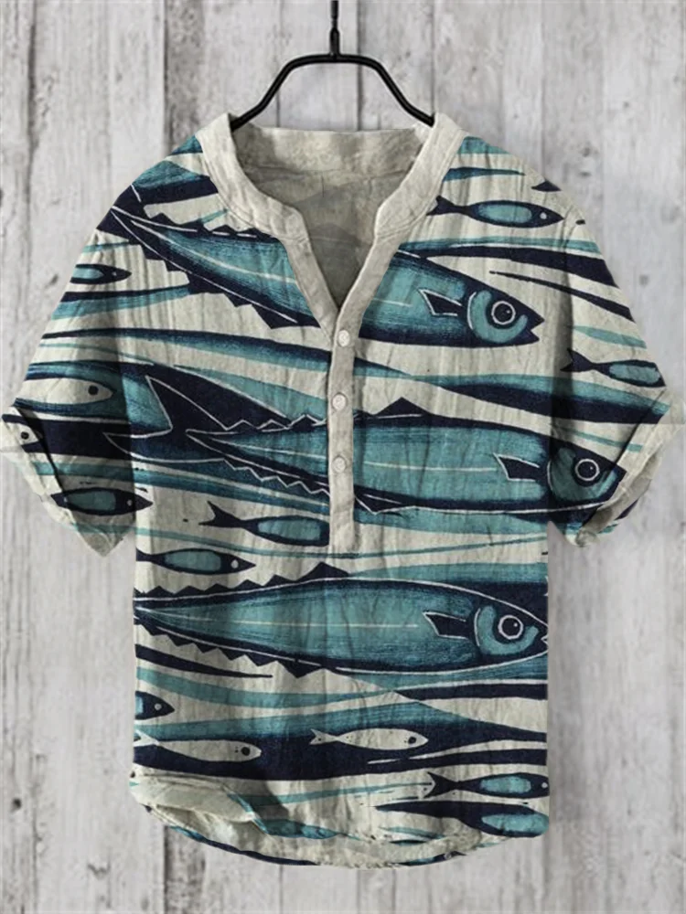 Comstylish Cluster of Fish Sea Waves Lino Art Linen Blend Shirt