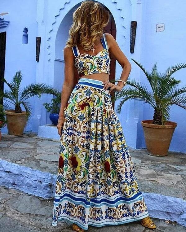Green Floral Print V-neck Shoulder-Strap Two Piece Vacation Summer Maxi Dress - Chicaggo