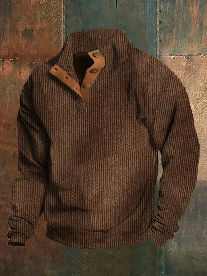 Men's Vintage French Corduroy Brushed Striped Button Sweatshirt