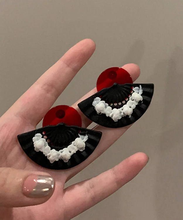 Oversize Black Red Acrylic Painted Fan Hoop Earrings