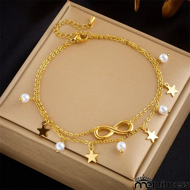 Women Fashion Simple Double Layer Stacked Pearl Heart Star Pendant