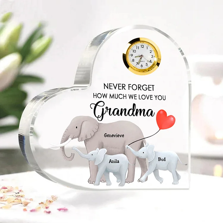 Personalized Heart-Shaped Acrylic Clock Keepsake Heart Sign Engraved 3 Names Elephant Ornament Unique Gift for Mom Grandma