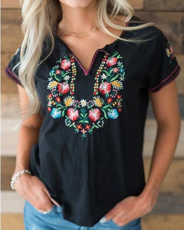 Ethnic Fashion Short Sleeve V-Neck Floral Embroidered T-Shirt - Chicaggo