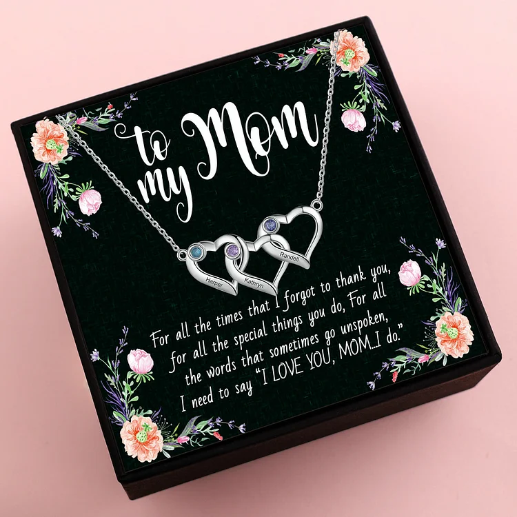To My Mom Heart Necklace with 3 Birthstones Love Necklace for Her