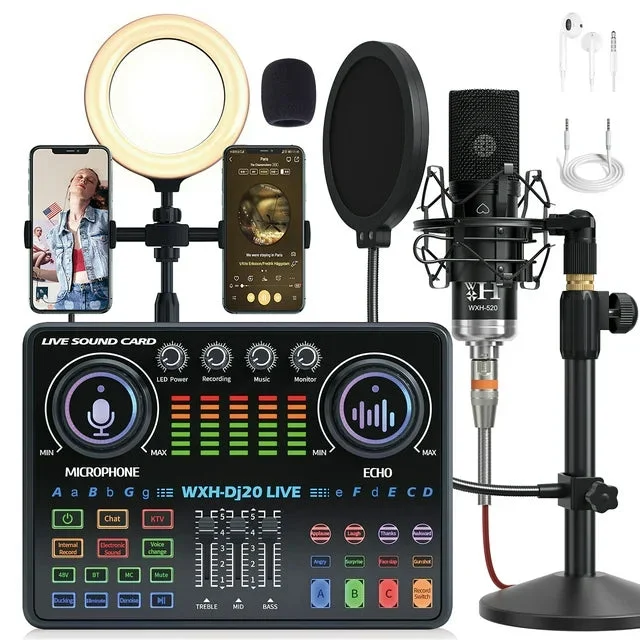 Podcast Equipment Bundle, ALSO GO 48V XLR Large Diaphragm Condenser Microphone with Live Sound Card, Condenser Microphone Bundle for Studio Recording & Broadcasting