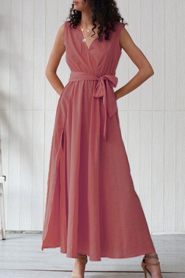 Solid V-neck Lace-up Slit Maxi Dress - BlackFridayBuys