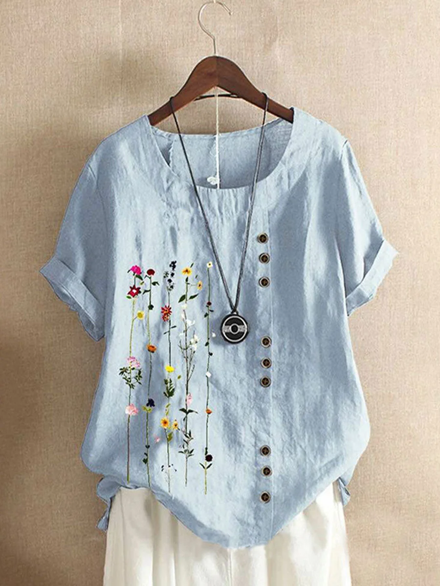 Casual loose cotton and linen printed short-sleeved T-shirt