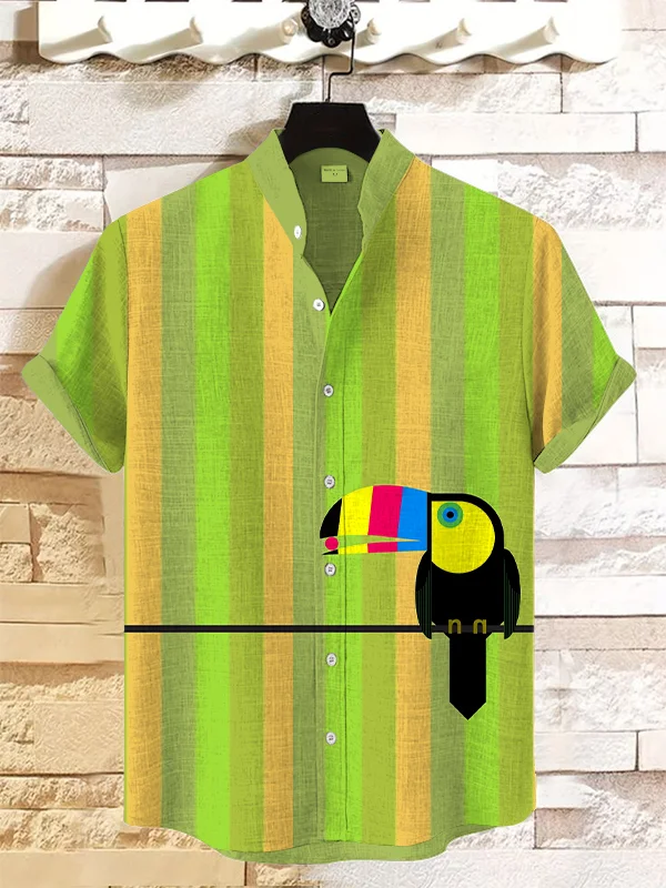 Men's Striped Toucan Abstract Art Print Casual Linen Blend Shirt