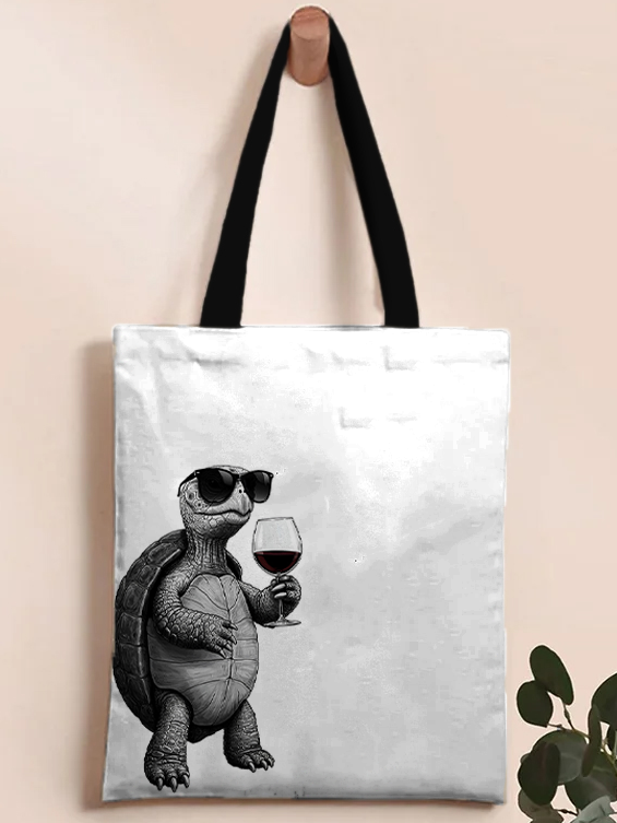 Women's Turtle In Sunglasses Drinking Red Wine Print Tote Shoulder Bag