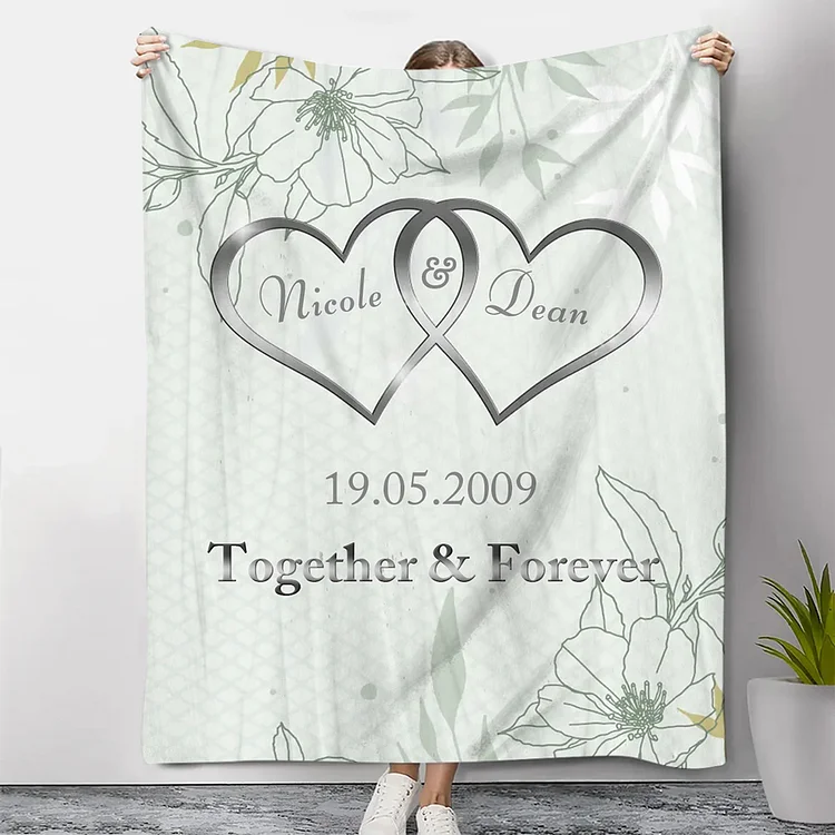 Green Personalized Couple Blanket Customized 2 Names & Date & Text Blanket Heart Valentine's Day Gifts for Him/Her