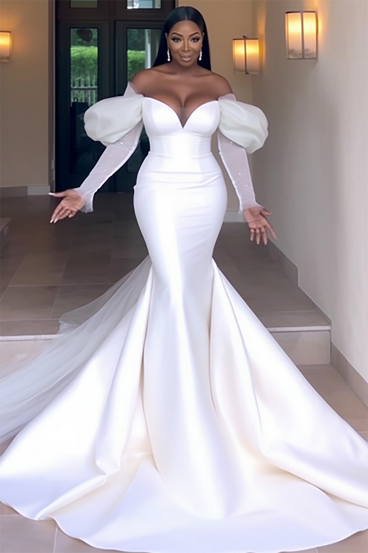Plus Size Evening Gowns Maxi Dresses Elegant White Spring Summer Off The Shoulder Puff Sleeve Long Sleeve Maxi Dresses [Pre-Order]