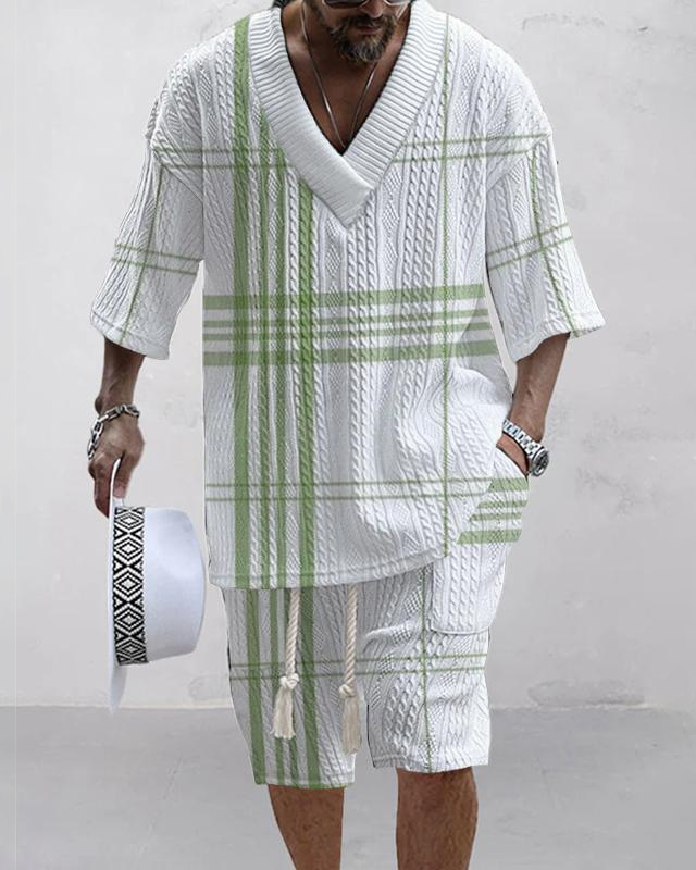 Men's V-neck luxury textured print shorts Set 026