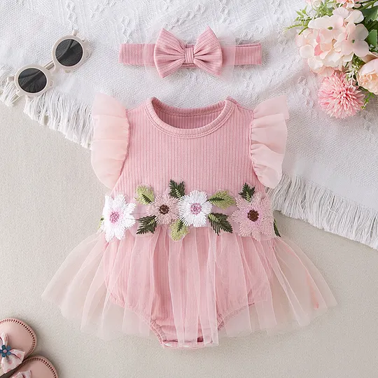 【0M-18M】Girls' Cap Sleeve Romper Dress – Stylish Cute Floral One-Piece
