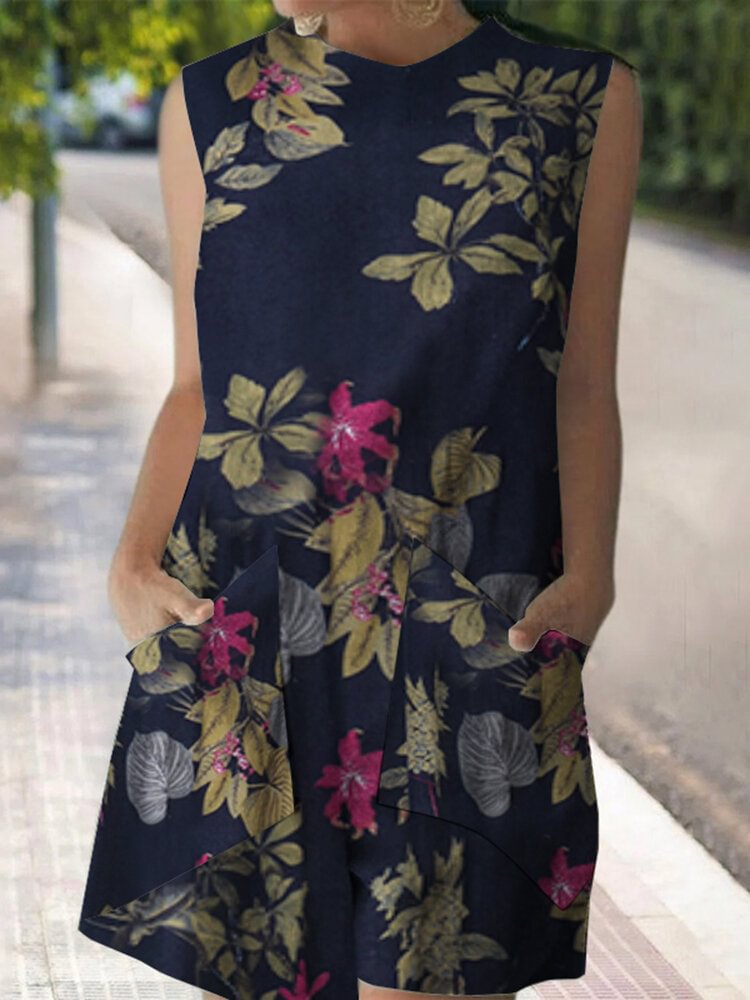Cotton Plant Print Pocket Sleeveless Casual Print Dress - Shop Trendy Women's Clothing | LoverChic