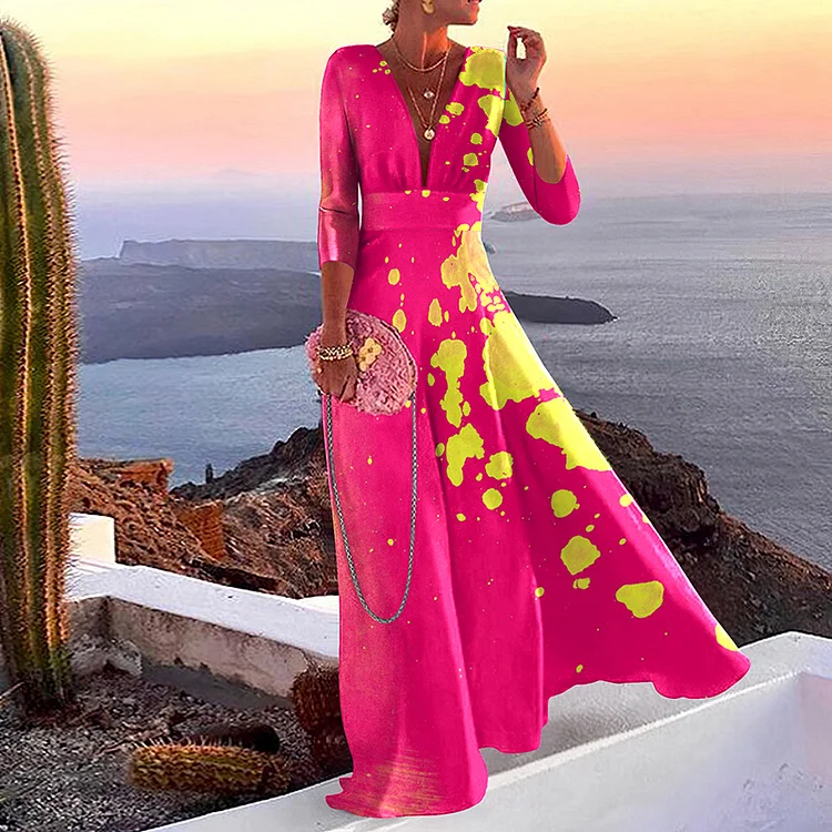 Fashion V Neck Contrast Print Maxi Dress
