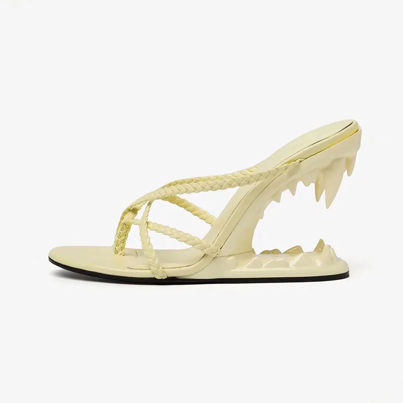 VCSHOES Round Toe Pinch Toe Tiger Tooth Hollow Heel Slippers Fine Ribbon Weaving Super High Heel Flip-flops