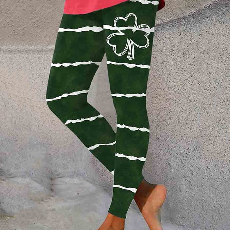 Comstylish St. Patrick'S Day Shamrocks Stripe Print Leggings