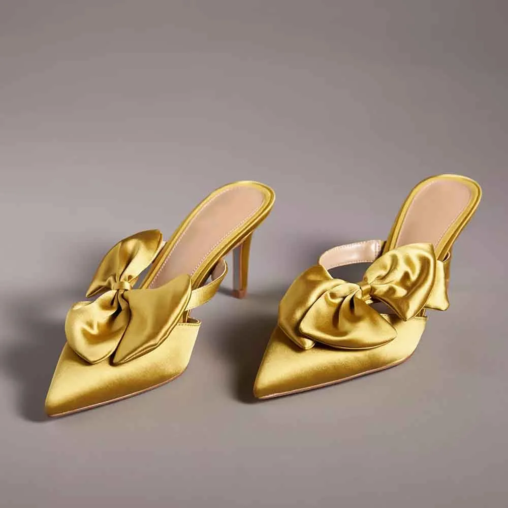 Gold Satin Closed Pointed Toe Heeled Mules with Bow Embellished Nicepairs