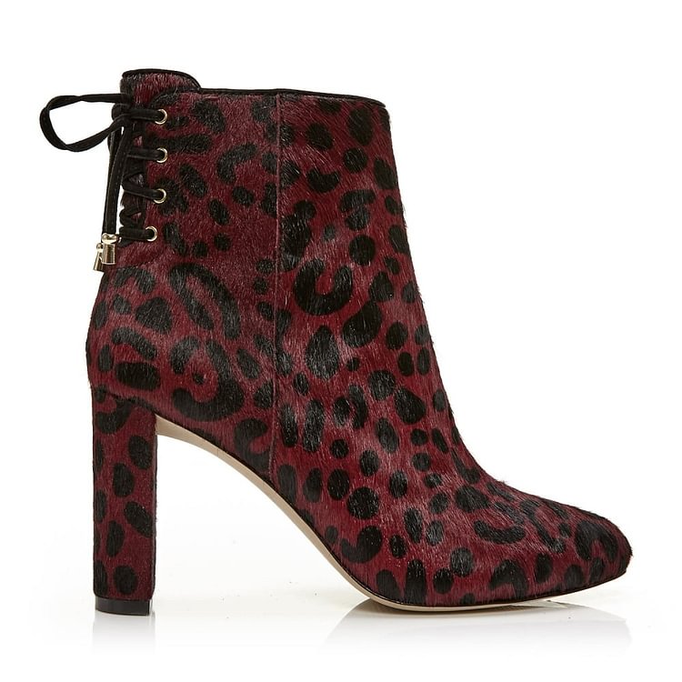 Maroon Leopard Print Boots Chunky Heels Horse Hair Ankle Boots |FSJ Shoes