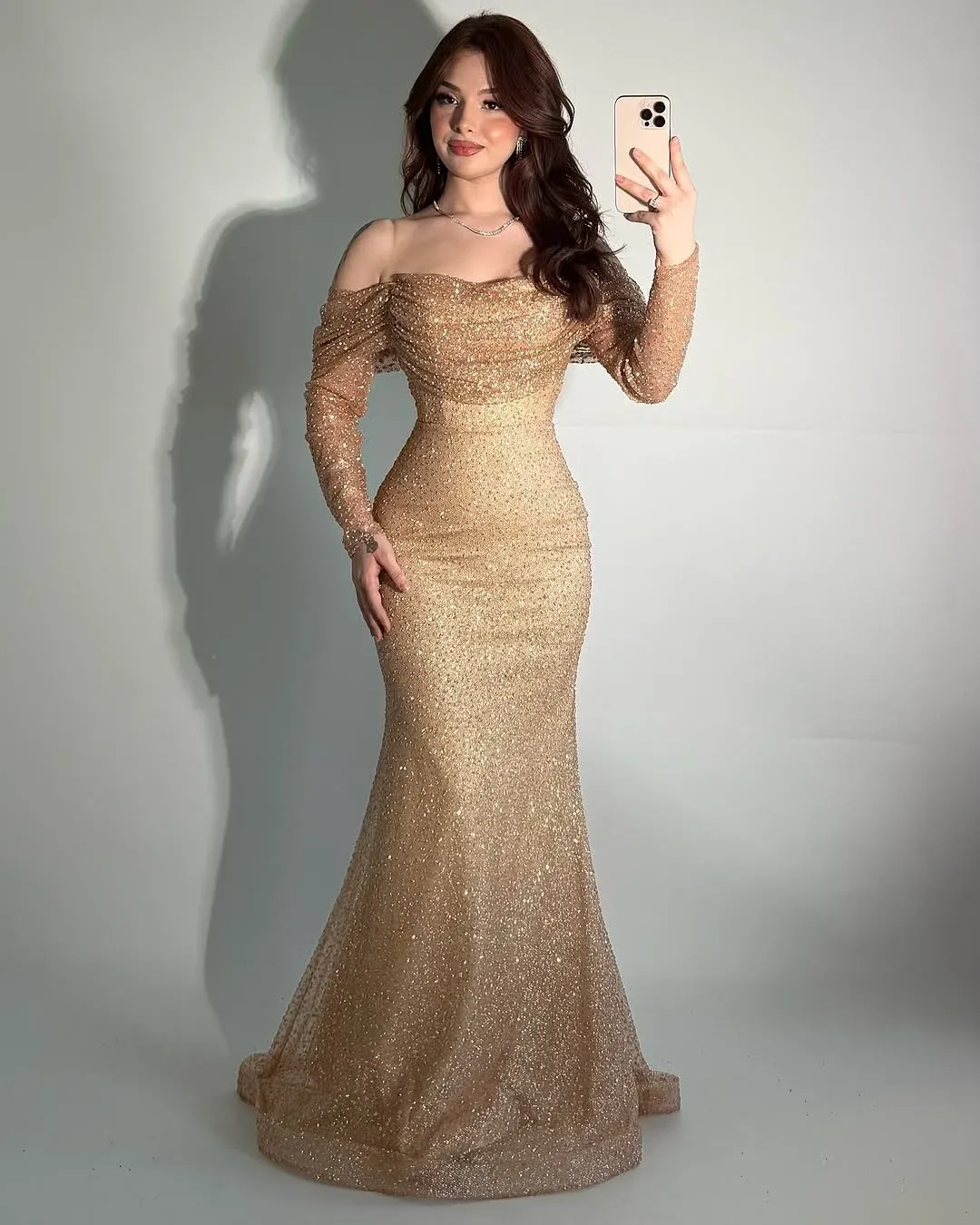 Lussooy Off-The-Shoulder Glamorous Long Sleeves Beads Mermaid Prom Dress