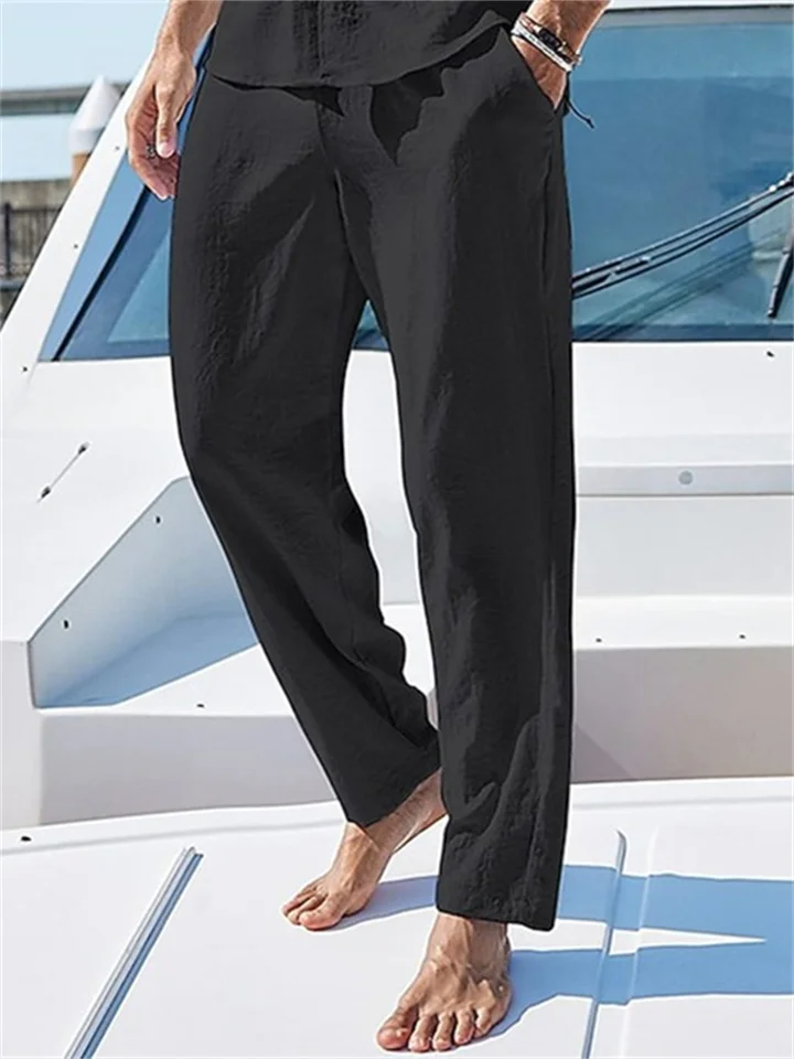 Men's Linen Pants Trousers Summer Pants Beach Pants Drawstring Elastic Waist Plain Comfort Breathable Outdoor Daily Going out Linen / Cotton Blend Fashion Streetwear Black White-JRSEE