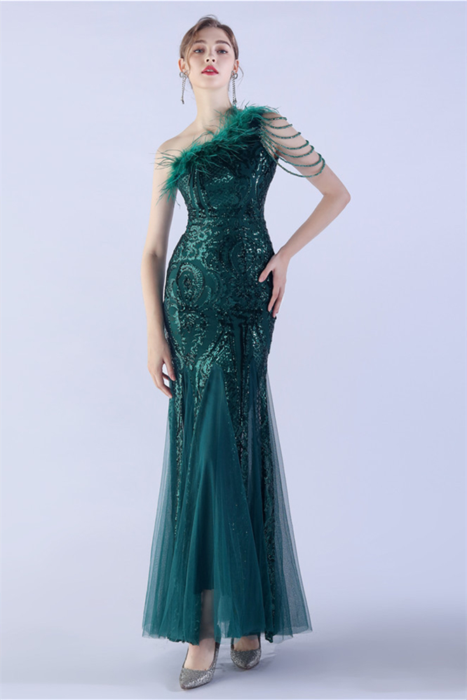Dresseswow One Shoulder Evening Dress Mermaid Sequins Long With Feather