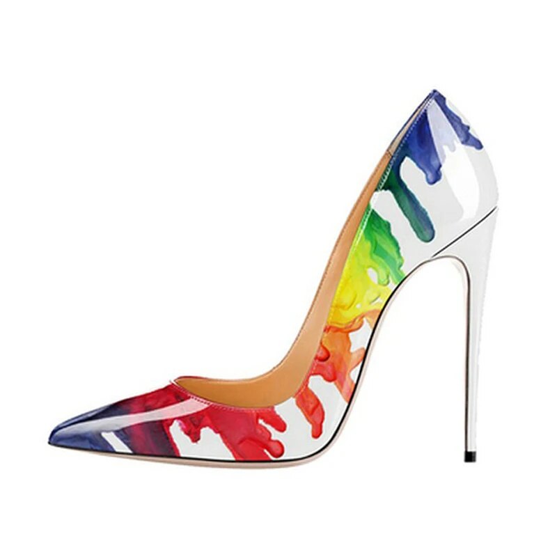VCSHOES Woman Multi Pumps Watercolour Splash Ink Patent Leather High Heels Pointed Toe Wedding Stiletto Dress Heel