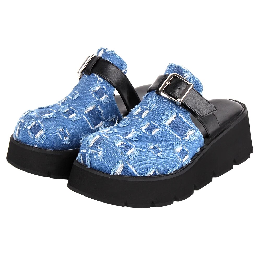 VCshoes Woman Ripped Denim Blue Slippers Shoes Lady Mid Wedges Heels Pumps Girl Dress Party Sandals 6cm 33-40