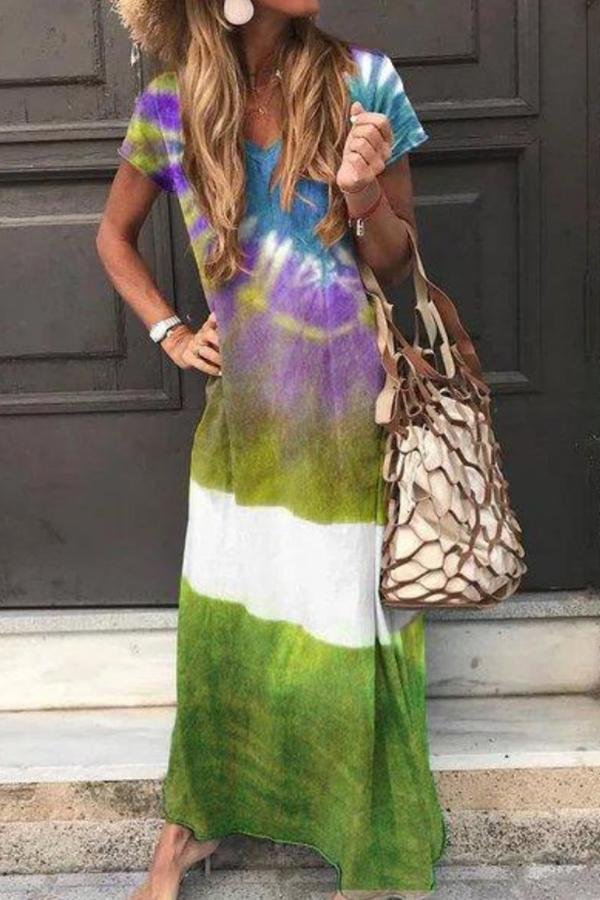 Cozy Tie-dye V-neck Maxi Dress (4 Colors) P11086