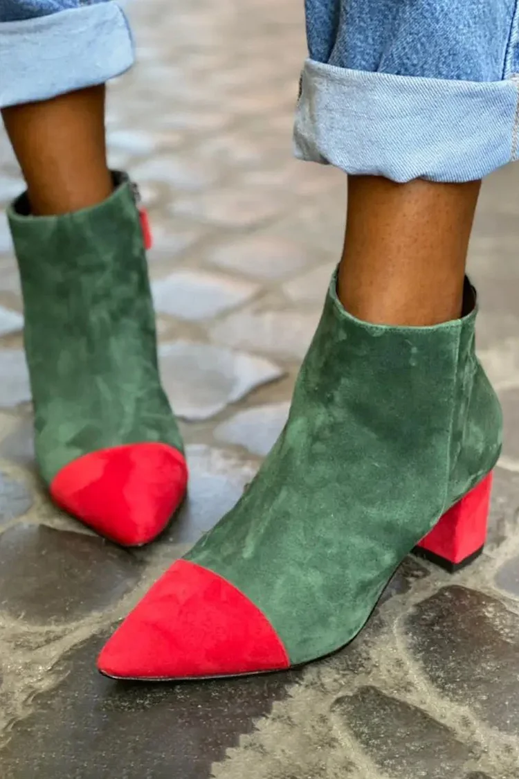 Color Block Pointy Toe Faux Suede Green Ankle Boots