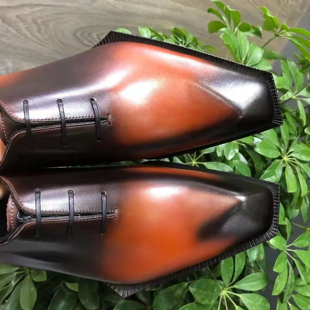 Men's Shoes Leather Oxford Shoes Flat Bottom Lace Brogue Hand Carved Office Wedding Leather Shoes