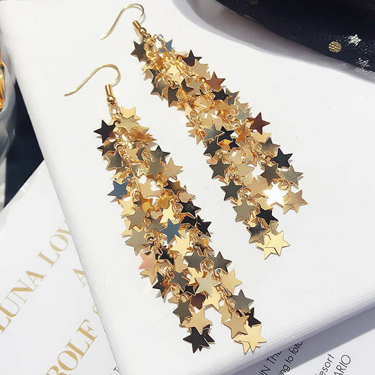 Long Fringe Star Sequins Earrings-Gold