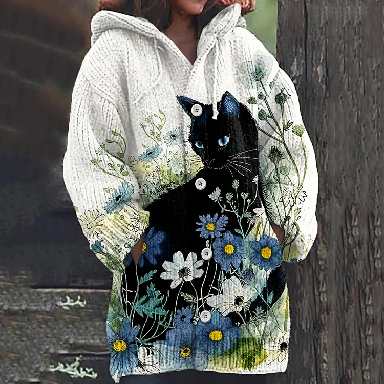 Vintage Black Cat With Floral Art Cozy Button Cardigan Sweater
