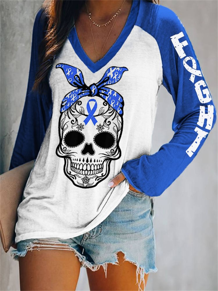 Fight Blue Ribbon Bandana Skull V Neck T Shirt