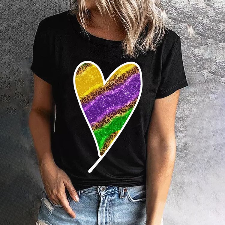 Mardi Gras Carnival Heart-Shaped Striped T-Shirt