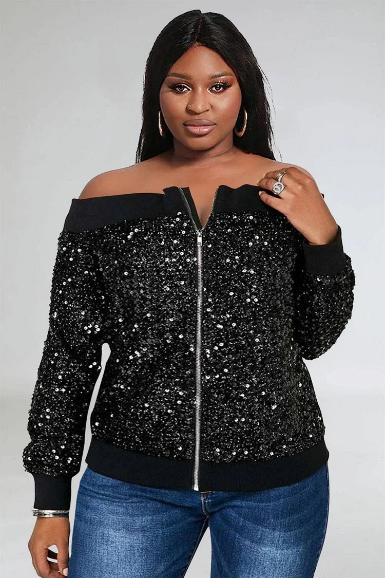 Plus Size Daily Jacket Casual Black Fall Winter Off The Shoulder Long Sleeve Zipper Sequin Jacket [Pre-Order]