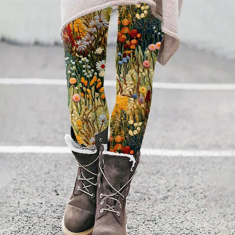 Comstylish Vintage Floral Embroidery Art Printed Casual Leggings